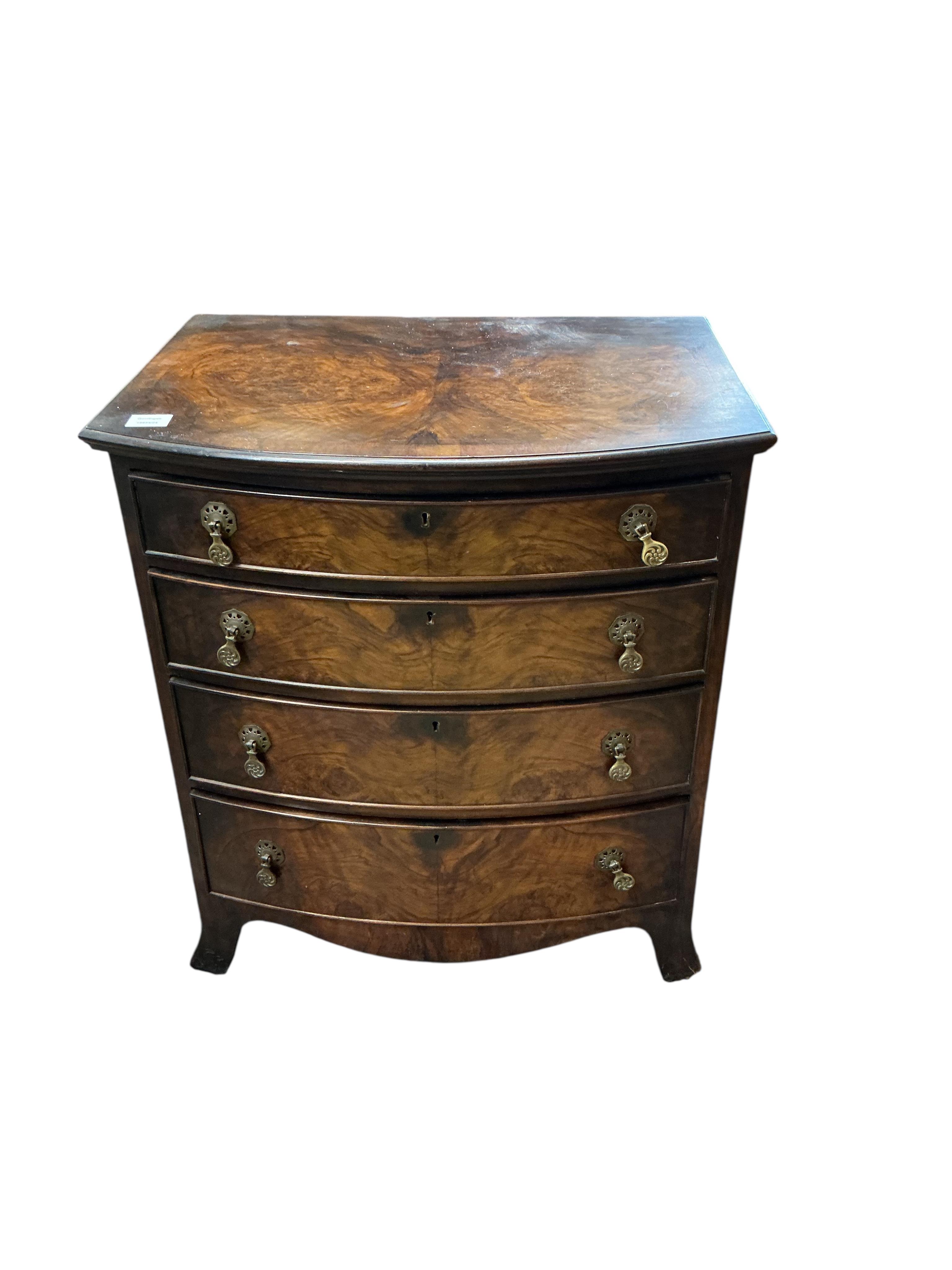 A small Queen Anne Revival walnut bowfront chest, width 68cm, depth 50cm, height 76cm
